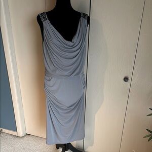 Elegant Gray Draped Dress w beaded shoulder detail.